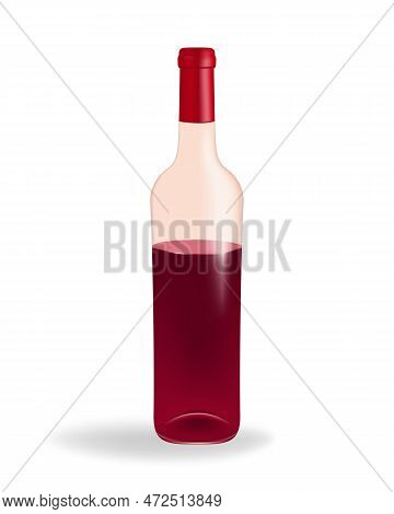 Glass Bottle Half Filled With Red Wine Isolated On White Background. Perfect For Wine Lists, Menus, 