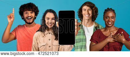 Inspired Happy Different People Show Smartphone With Blank Screen, Make Gratitude Gesture, Got Idea