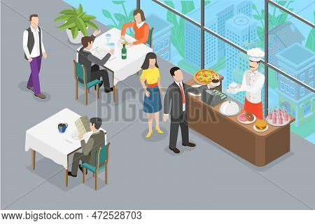3d Isometric Flat Vector Conceptual Illustration Of Lunch Break, Cafeteria Or Kitchen Room