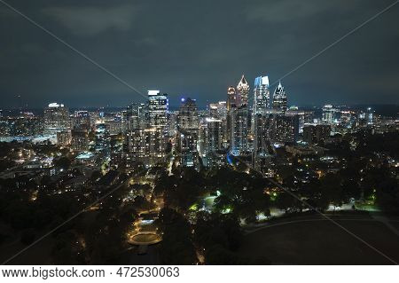 Night Urban Landscape Of Downtown District Of Atlanta City In Georgia, Usa. Skyline With Brightly Il