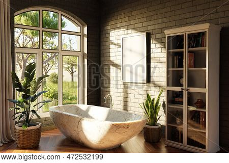 Freestanding Bath In Lightflooded Cozy Country House Bathroom; Minimalistic Interior Design With She
