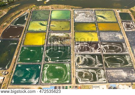 Aerial View Of Pump Ponds At A Shrimp Farm In The Philippines.prawn Farm With Aerator Pump.