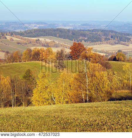 Autumn Panorama From Bohemian And Moravian Highland, View From Konikov Vecov Village, Zdarske Vrchy,
