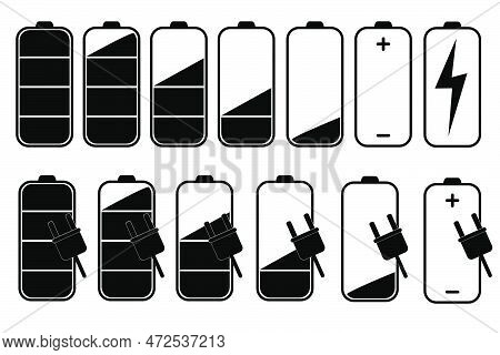 Set Battery Level Indicator, Black Outline Isolated On White.