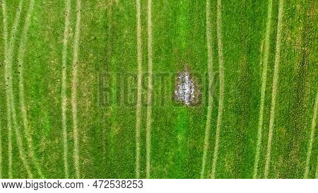 View From Above On Fields With Tyre Tracks Of Tractors And Agricultural Machines.