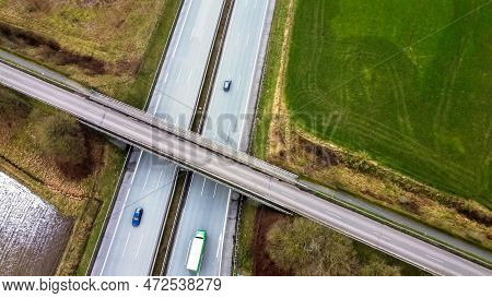 View From Above On The German Motorway A7 With Little Traffic.