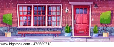 House Facade With Porch, Door, Window And Red Wall In Rainy Weather. Residential Building Front With