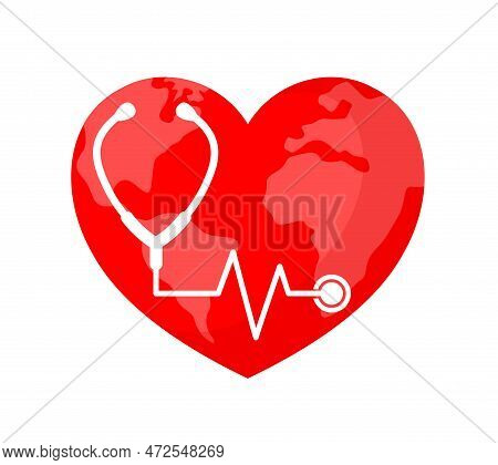 World Heart Day Concept. Globe In Heart Shape Design With Stethoscope. Health Care Concpt. World Hea