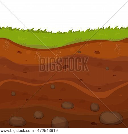 Soil, Ground With Layers, Grass Roots And Stones, Earth Sections In Cartoon Style Isolated On White 