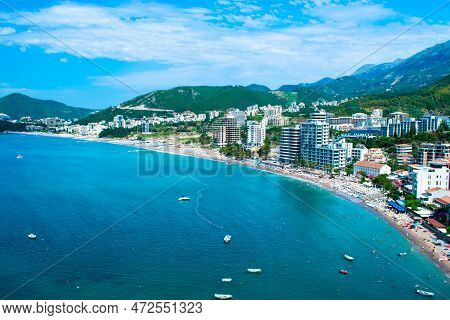 Panorama Of The Beach And The Resort Towns Of Becici And Rafailovici, Located At The Foot Of The Mou