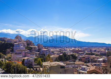 View Of The Mountains, The Sky, The City Of Scalea, Cosenza, Calabria, Southern Italy. View From Abo