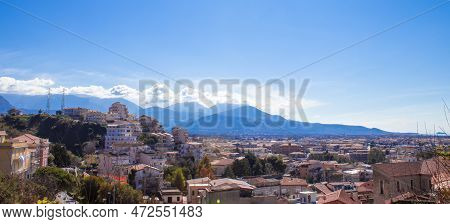 View Of The Mountains, The Sky, The City Of Scalea, Cosenza, Calabria, Southern Italy. View From Abo