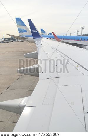 Buenos Aires, Argentina, November 18, 2022: View From A Window Over The Wing Of A Boeing 737-700 Jet