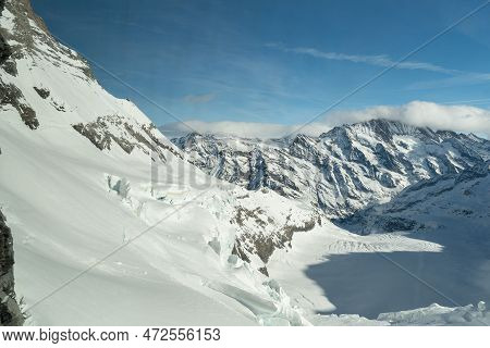 Eigergletscher, Canton Bern, Switzerland, February 11, 2023 Incredible Beautiful View Over The Snow 