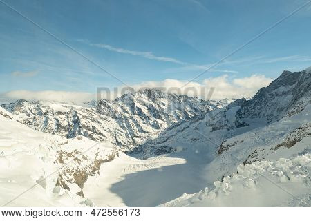 Eigergletscher, Canton Bern, Switzerland, February 11, 2023 Incredible Beautiful View Over The Snow 