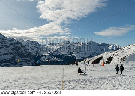 Eigergletscher, Canton Bern, Switzerland, February 11, 2023 Panoramic View Along The Snow Covered Al