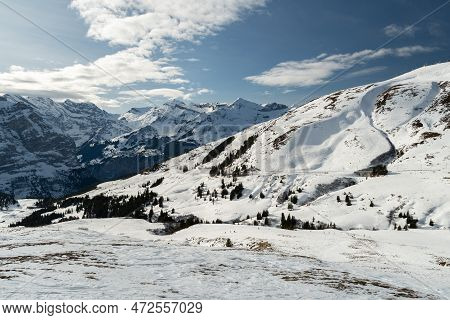 Eigergletscher, Canton Bern, Switzerland, February 11, 2023 Panoramic View Along The Snow Covered Al