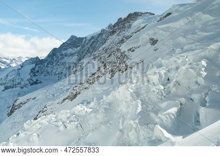 Eigergletscher, Canton Bern, Switzerland, February 11, 2023 Incredible Beautiful View Over The Snow 