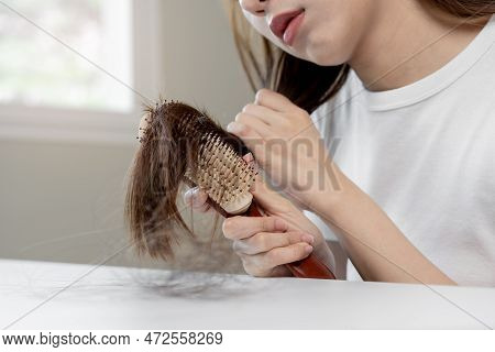 Damaged Hair, Frustrated Asian Young Woman, Girl Hand In Holding Brush Splitting Ends Messy While Co