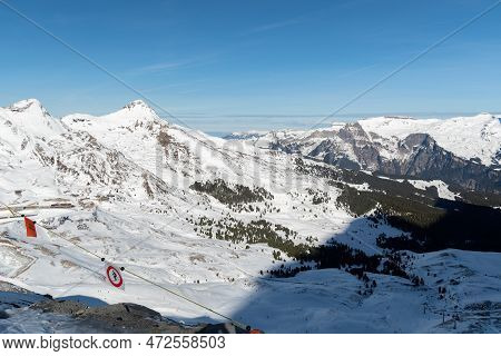 Eigergletscher, Canton Bern, Switzerland, February 11, 2023 Incredible Beautiful View Over The Snow 