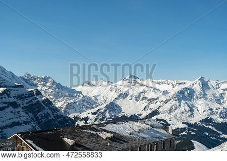 Eigergletscher, Canton Bern, Switzerland, February 11, 2023 Incredible Beautiful View Over The Snow 