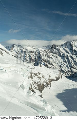 Eigergletscher, Canton Bern, Switzerland, February 11, 2023 Incredible Beautiful View Over The Snow 