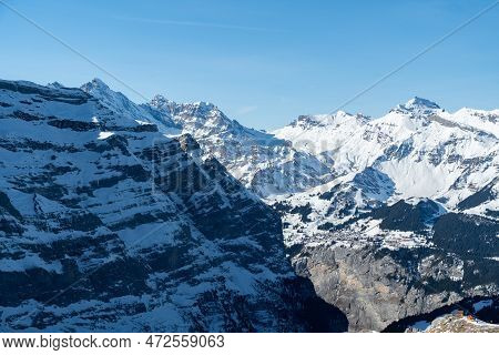 Eigergletscher, Canton Bern, Switzerland, February 11, 2023 Incredible Beautiful View Over The Snow 
