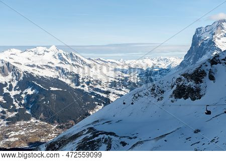 Eigergletscher, Canton Bern, Switzerland, February 11, 2023 Incredible Beautiful View Over The Snow 
