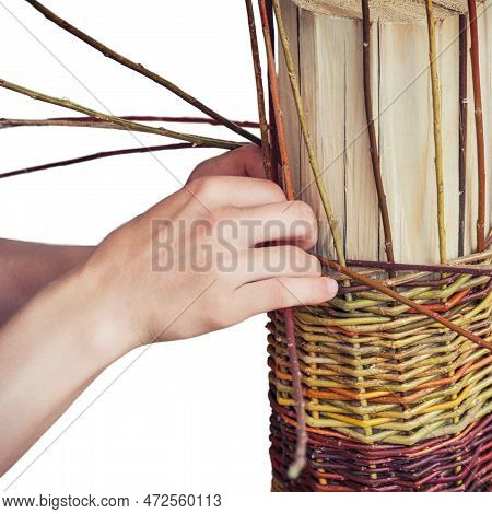 Men Hands Weave Craft Basket Of Tree Branches, Isolated On A White Background. Vintage Work Of Artis