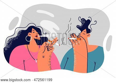 Man And Woman Smoking Cigarettes Enjoying Tobacco Smoke And Gossiping During Work Break. Guy And Gir