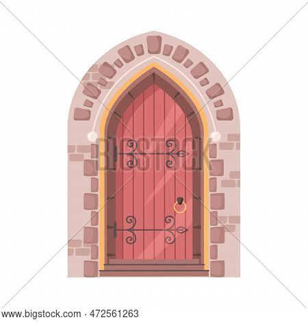Historical Building Or Castle Doors Exterior Element, Isolated Facade Of Old Structure. Wooden Entry
