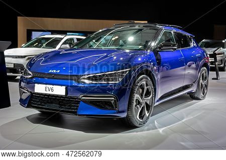 Kia Ev6 Full Electric Sporty Crossover Car At The Brussels Autosalon European Motor Show. Brussels, 
