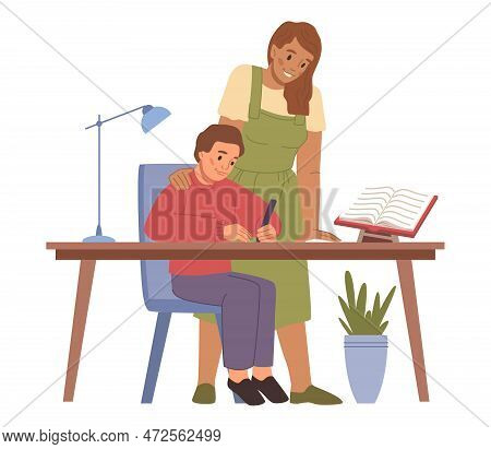 Mother Helping Kid With Home Assignments From School. Boy Writing Down, Mom Checking Homework And Ta