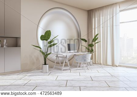 Contemporary Light Office Interior With Window And City View, Curtain, Furniture And Equipment, Deco