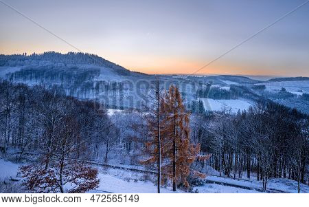 Panoramic Image Of Winter Landscape During Sunrise, Schmallenberg, Sauerland, Germany