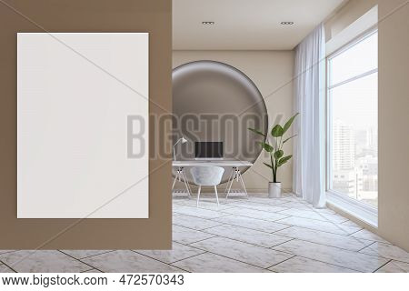 Modern Light Office Interior With Clean White Mock Up Poster, Window And City View, Curtain, Furnitu
