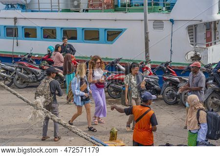 Sorong, Indonesia - February 02, 2023: Passengers At The Pier Of The Ship To Waisai Before The Ship 