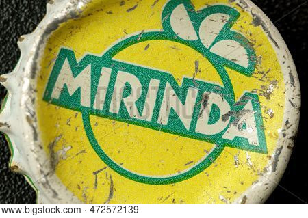 Tyumen, Russia-february 15, 2023: Mirinda Logo Is An Old Bottle Cap. Popular Soft Drink Coke Mirinda