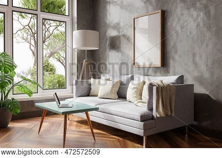 Cozy Living Room Interior In Room Corner; Sunlight Shining Trough Window; Floorlamp And Couch Table 