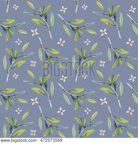 Olive Tree Branches Seamless Watercolor Pattern On Blue Background. Pomegranate Leaves With Tiny Flo