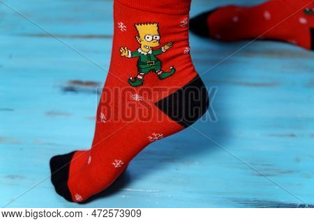 Tyumen, Russia-january 23, 2023: Socks With The Image Of Bart Simpson. The Simpsons Is An American A