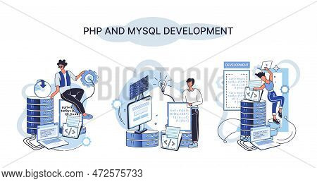 Php And Mysql Development Vector Set. Database Management System. Popular Open Source General Purpos