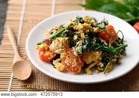 Northern Thai Food, Stir Fried Gurmar Leaf (gymnema Inodorum) With Egg, Local Food