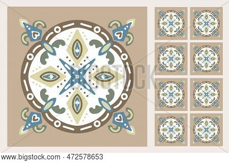 Set Of Patterned Azulejo Floor Tiles. Abstract Geometric Background. Vector Illustration, Seamless M