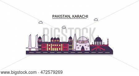 Pakistan, Karachi Tourism Landmarks, Vector City Travel Illustration