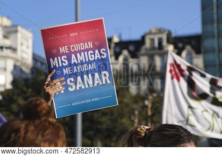 Buenos Aires, Argentina; March 8, 2023: International Feminist Strike, An Unrecognizable Woman Holds