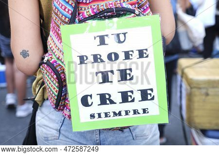 Buenos Aires, Argentina; March 8, 2023: International Feminist Strike, An Unrecognizable Woman Wears