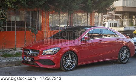Side, Turkey - February 11 2023:      Red Mercedes-benz Cla-class  Is Parking  On The Street On A  S