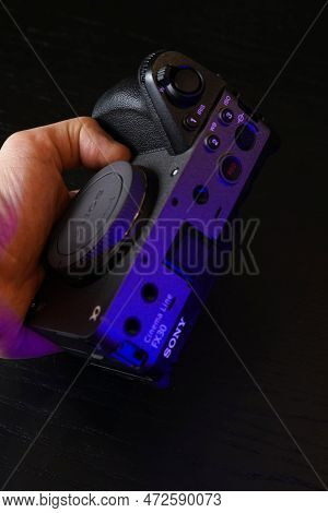 Mogilev, Belarus - December 26 2021: Body Sony Cinema Line-fx30 Silver-colored Body Video Camera In 