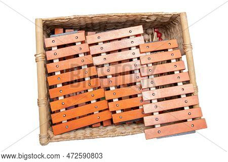 Childrens Wooden Xylophones In A Box, Isolated On White, Top View